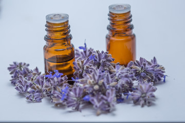 Two essential oil bottles in lavendar flowers