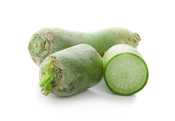sweet green radish with slices isolated on white background