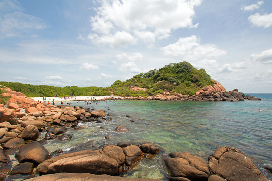 Swimming beach and bay on Pigeon Island National Park just off the shore of Nilaveli beach in Trincomalee Sri Lanka