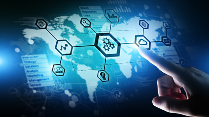 Automation and smart industry 4.0, Internet of things (IOT), Gears and system structure on virtual screen. Business and technology concept.