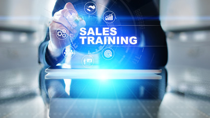 Sales training, business development and financial growth concept on virtual screen.