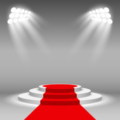 Stage podium illuminated scene spotlight party, award ceremony with red carpet. Vector Illustration