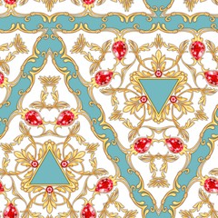 Seamless baroque pattern with gems and golden scrolls