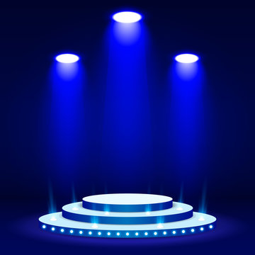 Blue Stage podium spotlight illuminated scene. Vector Illustration