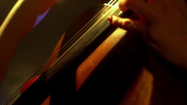 The cellist performs on stage.