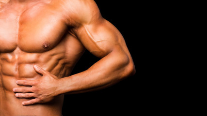 Portrait of sporty strong muscle. Sport workout bodybuilding motivation concept. Sexy naked torso, six pack abs. Male flexing his muscles