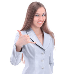 smiling business woman showing thumb up. isolated on a white