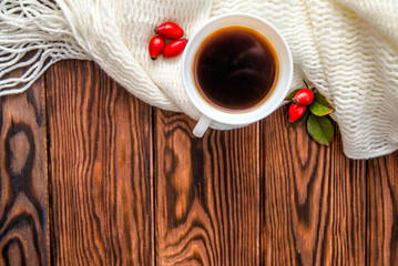 Autumn still life with cup of black coffee 