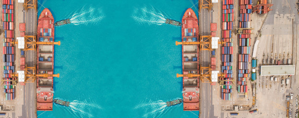 Aerial view Tug boats drag container ship to sea port and working crane bridge loading container for import  export or transportation concept background.