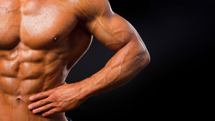 Strong Athletic Man muscular body, torso six pack abs, perfect male abdominal muscles close up....