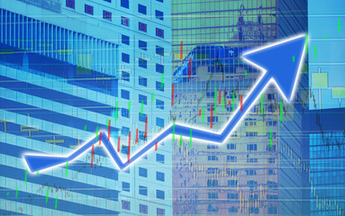 Stock index graph and chart in modern building background (blue bull chart)