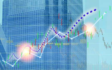 Stock index graph and chart in modern building background (blue bull chart)