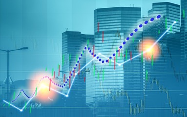 Stock index graph and chart in modern building background (blue bull chart)