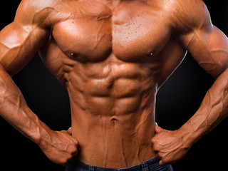 Portrait of sporty strong muscle. Sport workout bodybuilding motivation concept. Sexy naked torso,...