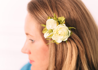 Portrait of lovely young blond women with blue eyes.Close-up view
