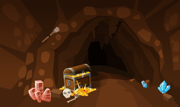 Treasure cave with chest gold coins, gems. Screen to the computer game. Background image to use games, apps, banners, graphics. Vector cartoon illustration