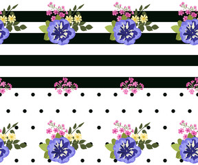 Gorgeous border in small garden sweet flowers. Millefleur. Floral cute background for textile, wallpaper, pattern fills, covers, surface, print, gift wrap, scrapbooking, decoupage.
