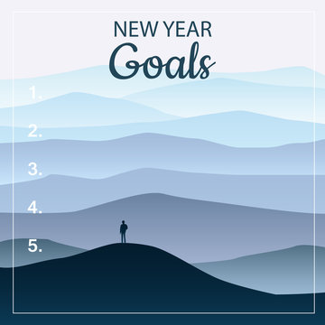 New years resolution, goals in the new year, men standing on the hill looking into new perspectives next year, minimalist landscape, vector, illustration, banner, poster