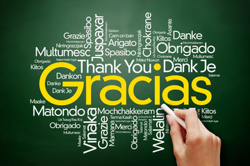 Gracias (Thank You in Spanish) Word Cloud on blackboard, all languages, multilingual for education