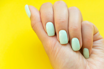 Tender hands with perfect blue manicure on trendy pastel yellow background. Place for tex