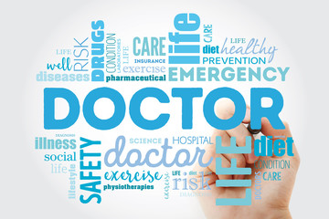 Doctor word cloud collage with marker, healthcare concept background