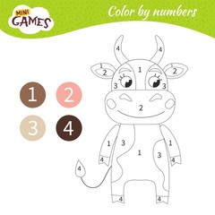 Coloring book for children. Coloring by numbers. Cute cartoon cow.