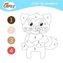 Coloring book for children. Coloring by numbers. Cute kitten with fish. 