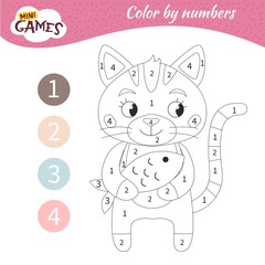 Coloring book for children. Coloring by number. Cute kitty.