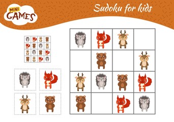 Sudoku game for children with pictures. Kids activity sheet. Cartoon forest animals.