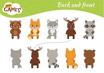 Educational  game for children. Learning back and front.  Cartoon forest animals 