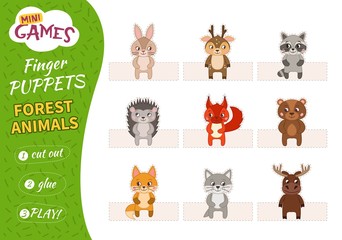 A set of finger puppets for children. Cut, glue and play. Forest animals.