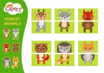 Matching children educational game. Match parts of cute animals.. Activity for pre shool years kids and toddlers.