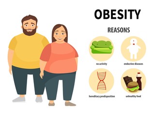 Infographics of obesity. Cartoon characters are fat men and women. Causes of the disease.