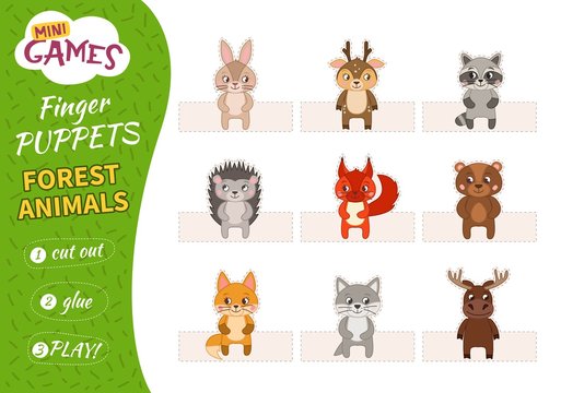 A set of finger puppets for children. Cut, glue and play. Forest animals.