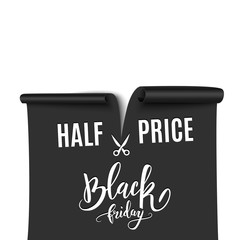 Half price Black Friday sale discount, realistic ribbon, advertisement, vector illustration