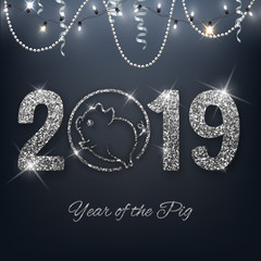 New year of the pig 2019 silver glitter design on red background, chinese horoscope symbol, vector illustration