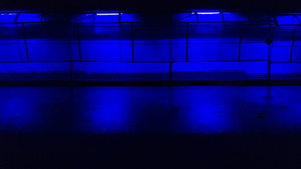 Background of wet asphalt with neon light. Blurred background, night lights, reflection.