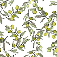 Fototapeta na wymiar Olive tree in a vector style isolated. Green engraved ink art. Seamless background pattern. Fabric wallpaper print texture. Vector olive tree for background, texture, wrapper pattern, frame or border.