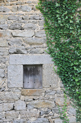 Fototapeta na wymiar Small Stone Window with closed shutter inside an irregular stones wall with green ivy leafs