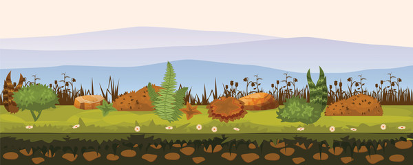 Soil and land with different types of vegetation, grass, foliage landscape, for development of ui games, applications, vector cartoon style, isolated