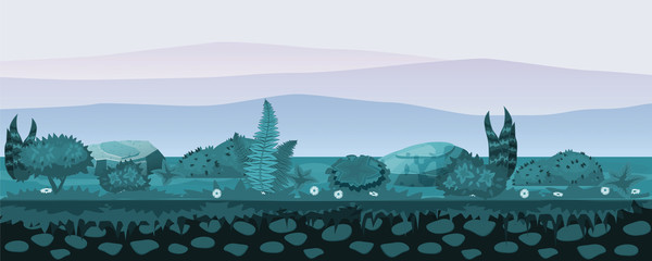 Soil and land with different types of vegetation, grass, foliage landscape, for development of ui games, applications, vector cartoon style, isolated