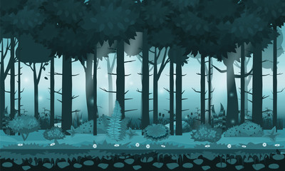 Fairy forest. Bright forest woods, silhouttes, trees with bushes, ferns and flowers. For design game, apps, websites. Vector, cadroon style, isolated