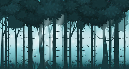 Cartoon illustration of background forest. Bright forest woods, silhouttes, trees with bushes, ferns and flowers. For design game, apps, websites. Vector, cadroon style, isolated