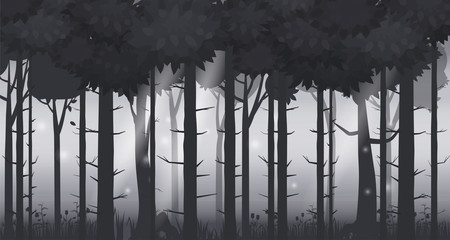 Cartoon illustration of background forest. Bright forest woods, silhouttes, trees with bushes, ferns and flowers. For design game, apps, websites. Vector, cadroon style, isolated