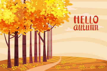 Hello autumn color illustration. In park postcard design. Open air outdoor walk. Early fall landscape cartoon banner. Autumn time fire trees park. Vector
