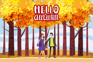 Hello autumn color illustration. Happy couple walking in park postcard design. Open air outdoor walk. Early fall landscape cartoon banner. Autumn time fire trees park. Vector