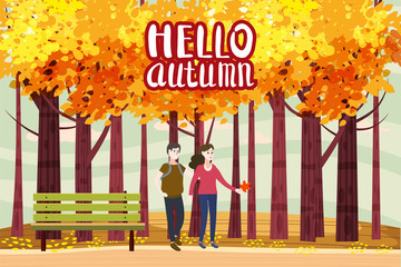 Hello autumn color illustration. Happy couple walking in park postcard design. Open air outdoor walk. Early fall landscape cartoon banner. Autumn time fire trees park. Vector