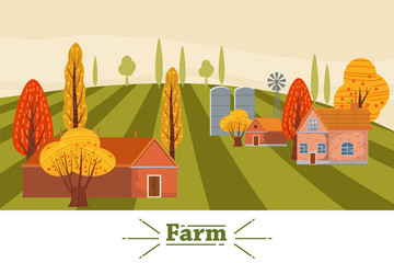 Farm modern flat cartoon design style vector illustration on green background with place for text. A countryside rural landscape autumn with a barn, windmill, haystacks, pond, silage towers, isolated