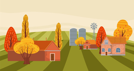 Farm modern flat cartoon design style vector illustration on green background with place for text. A countryside rural landscape autumn with a barn, windmill, haystacks, pond, silage towers, isolated