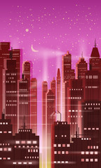 Night city, city scene, skyscrapers, towers, starry sky, lights, horizon, perspective, background, vector, isolated